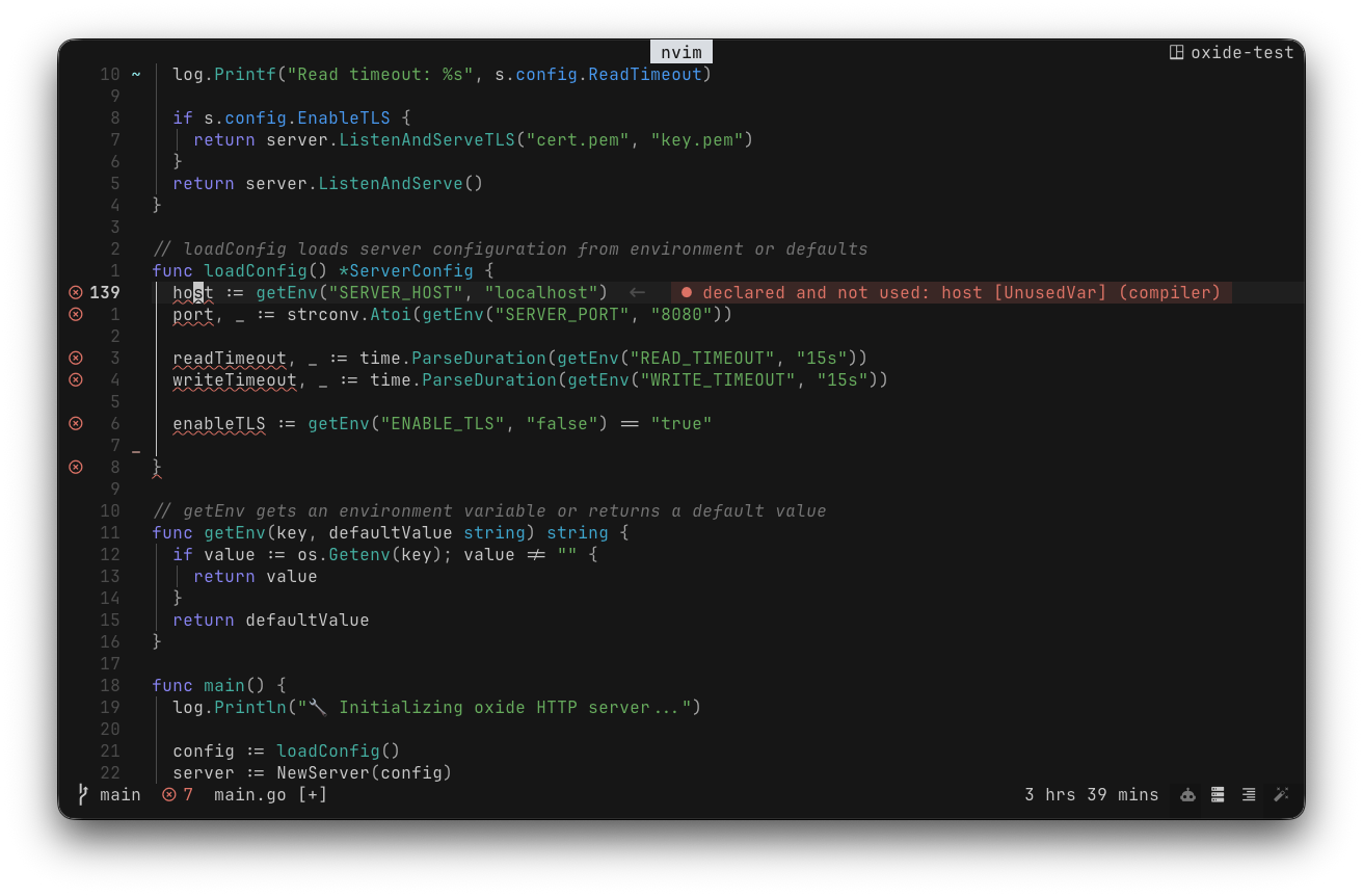 Oxide in Neovim, with gray editor chrome and a red diagnostic