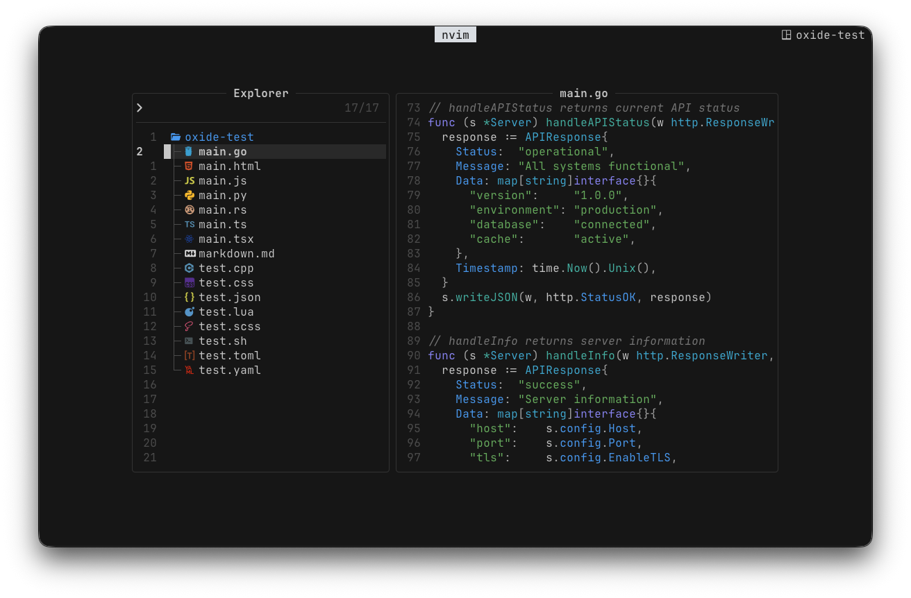 Oxide in Neovim, with a gray file picker and colored syntax